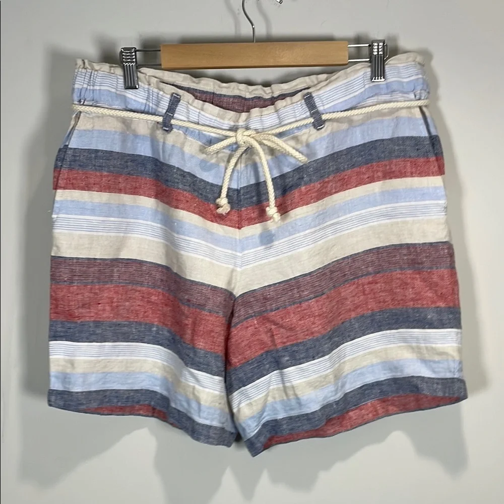 J Jill Linen Red Blue Stripe Drawstring Shorts L NWT Nautical